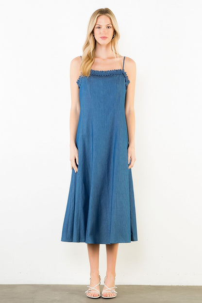 Thin Strap Denim Midi Dress - Dark Blue