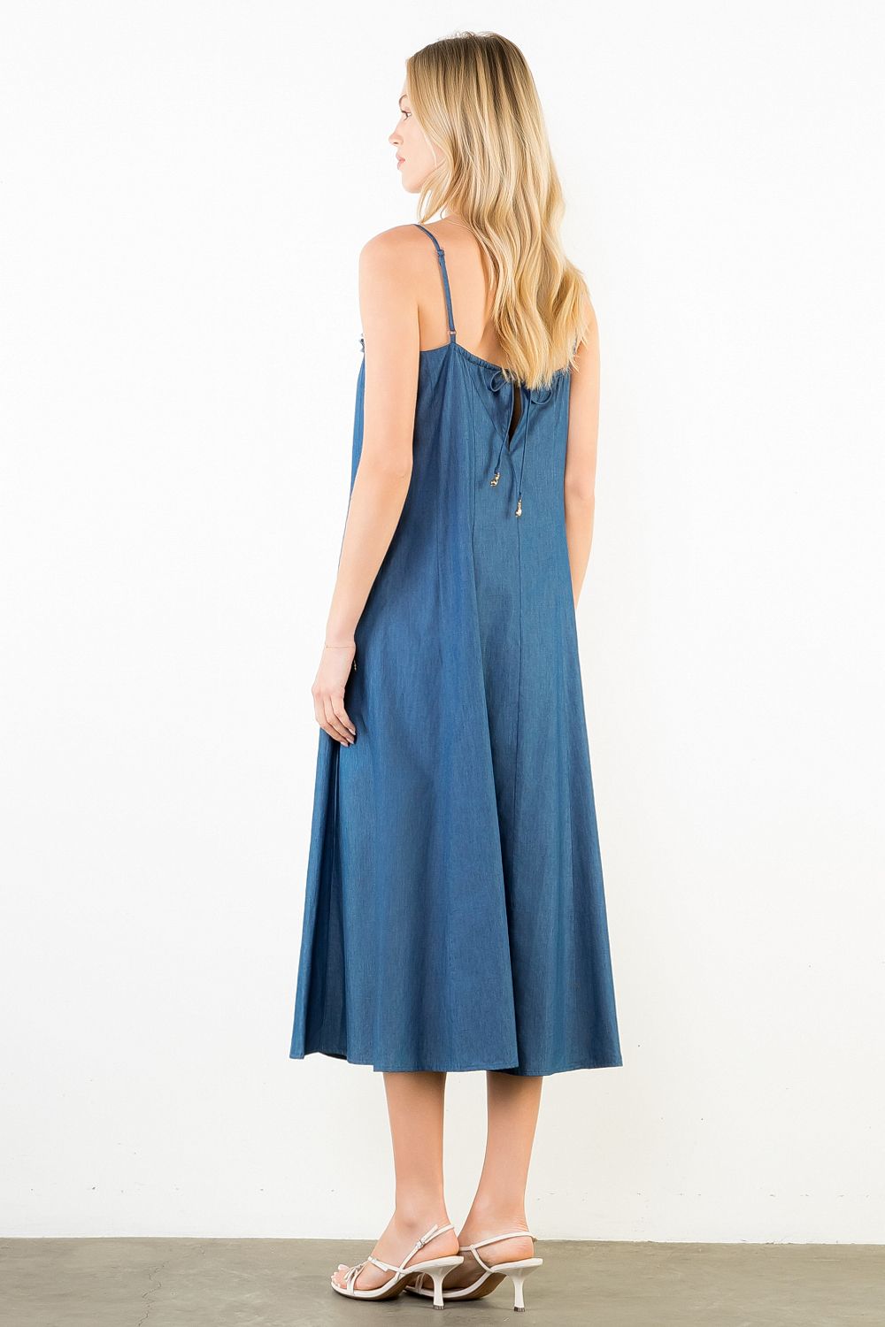 Thin Strap Denim Midi Dress - Dark Blue