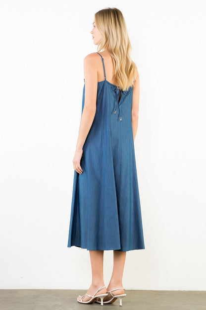 Thin Strap Denim Midi Dress - Dark Blue