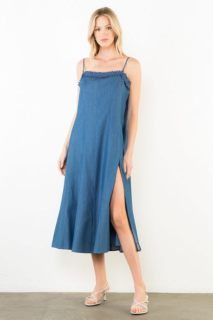Thin Strap Denim Midi Dress - Dark Blue
