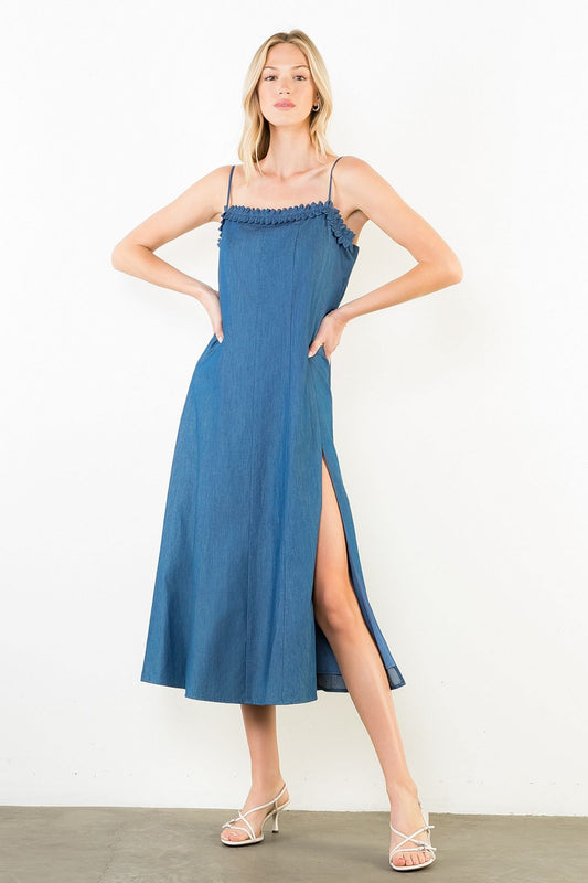 Thin Strap Denim Midi Dress - Dark Blue