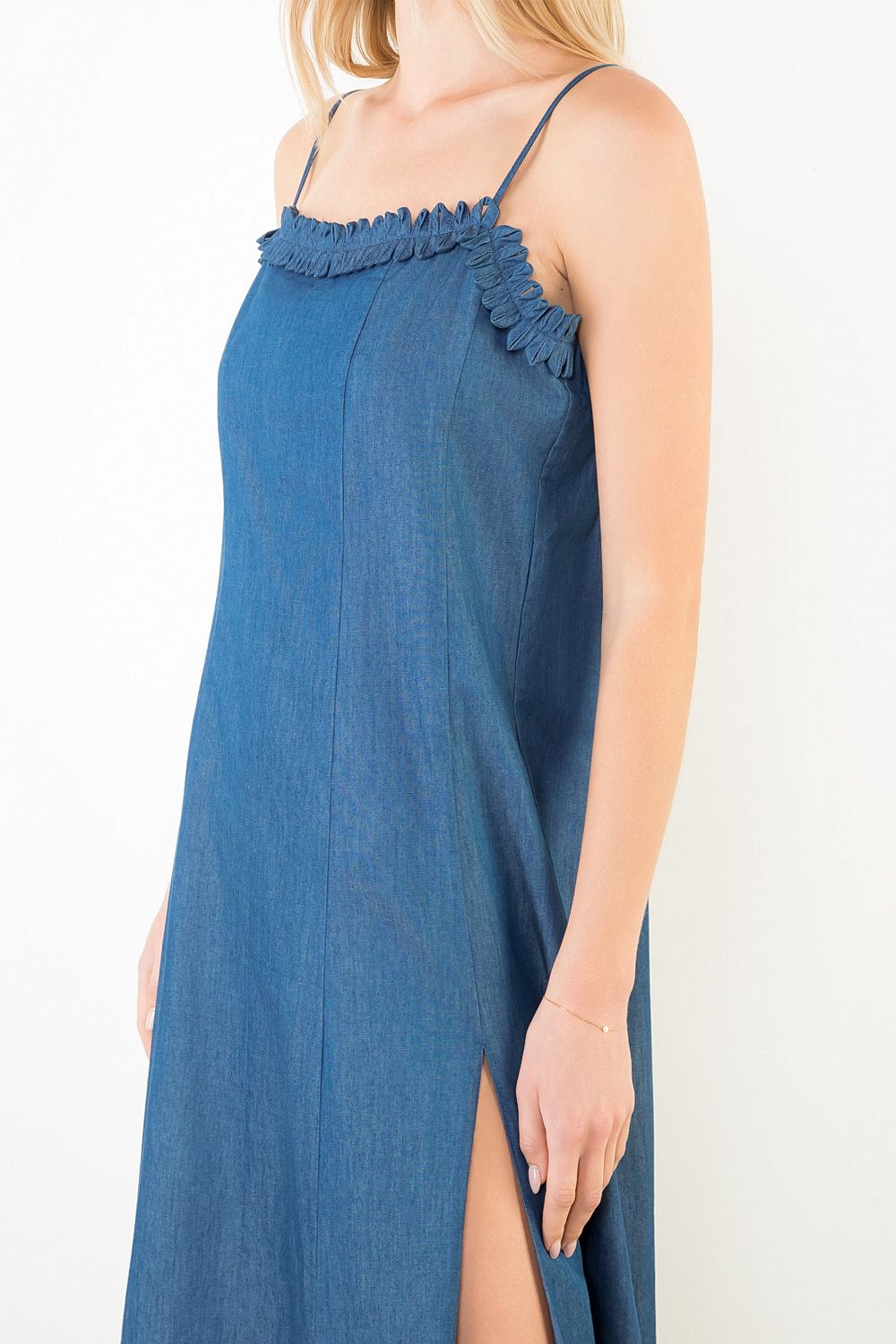 Thin Strap Denim Midi Dress - Dark Blue