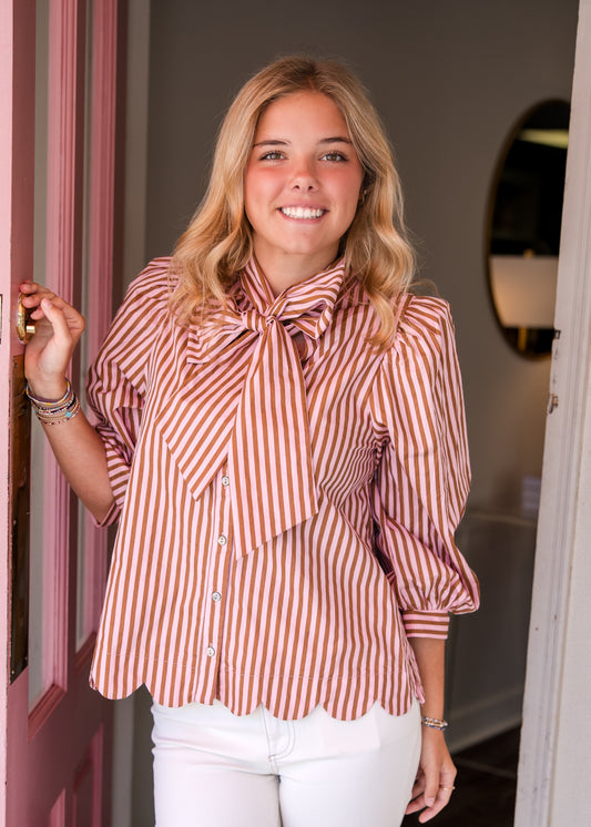 Tie Neck Puff Sleeve Top - Camel/Pink