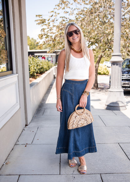 Krissa Denim Circle Midi Skirt - Deep Indigo