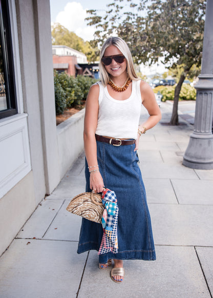 Krissa Denim Circle Midi Skirt - Deep Indigo