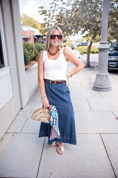 Krissa Denim Circle Midi Skirt - Deep Indigo