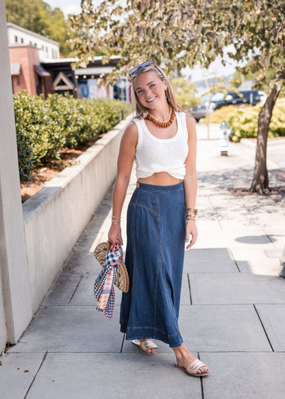 Krissa Denim Circle Midi Skirt - Deep Indigo