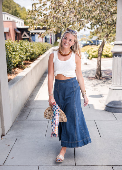 Krissa Denim Circle Midi Skirt - Deep Indigo