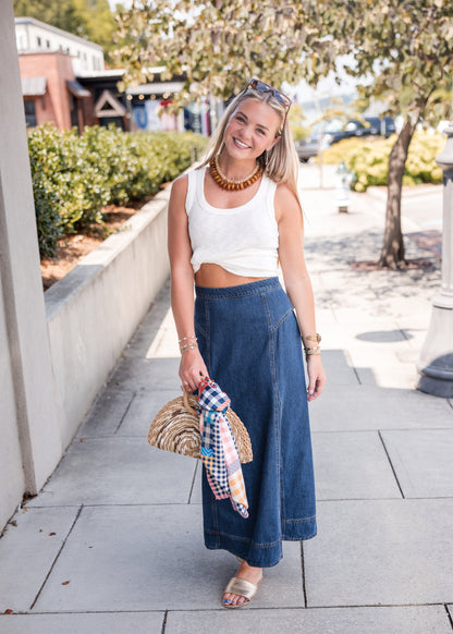 Krissa Denim Circle Midi Skirt - Deep Indigo
