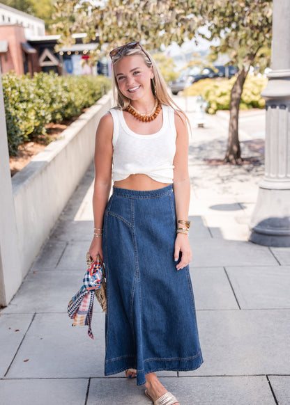 Krissa Denim Circle Midi Skirt - Deep Indigo
