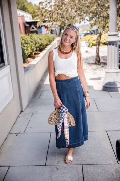 Krissa Denim Circle Midi Skirt - Deep Indigo