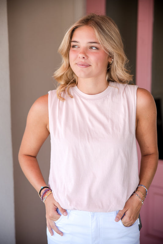 Sleeveless Bubble Hem Tee Shirt - Dusty Rose