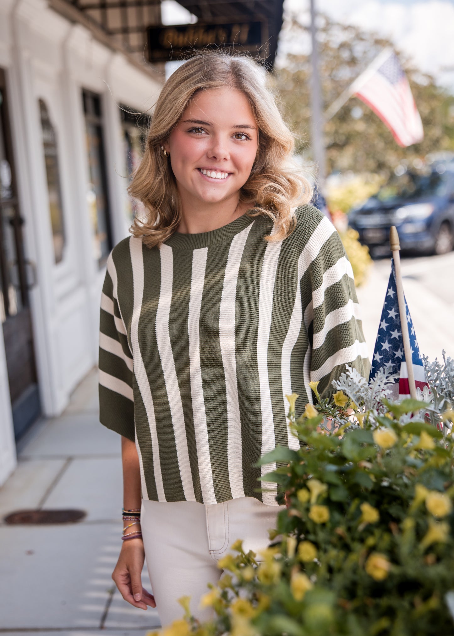 Striped Dolman Short Sleeve Top - Olive