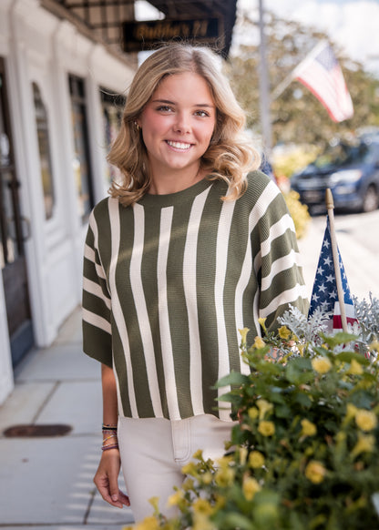 Striped Dolman Short Sleeve Top - Olive