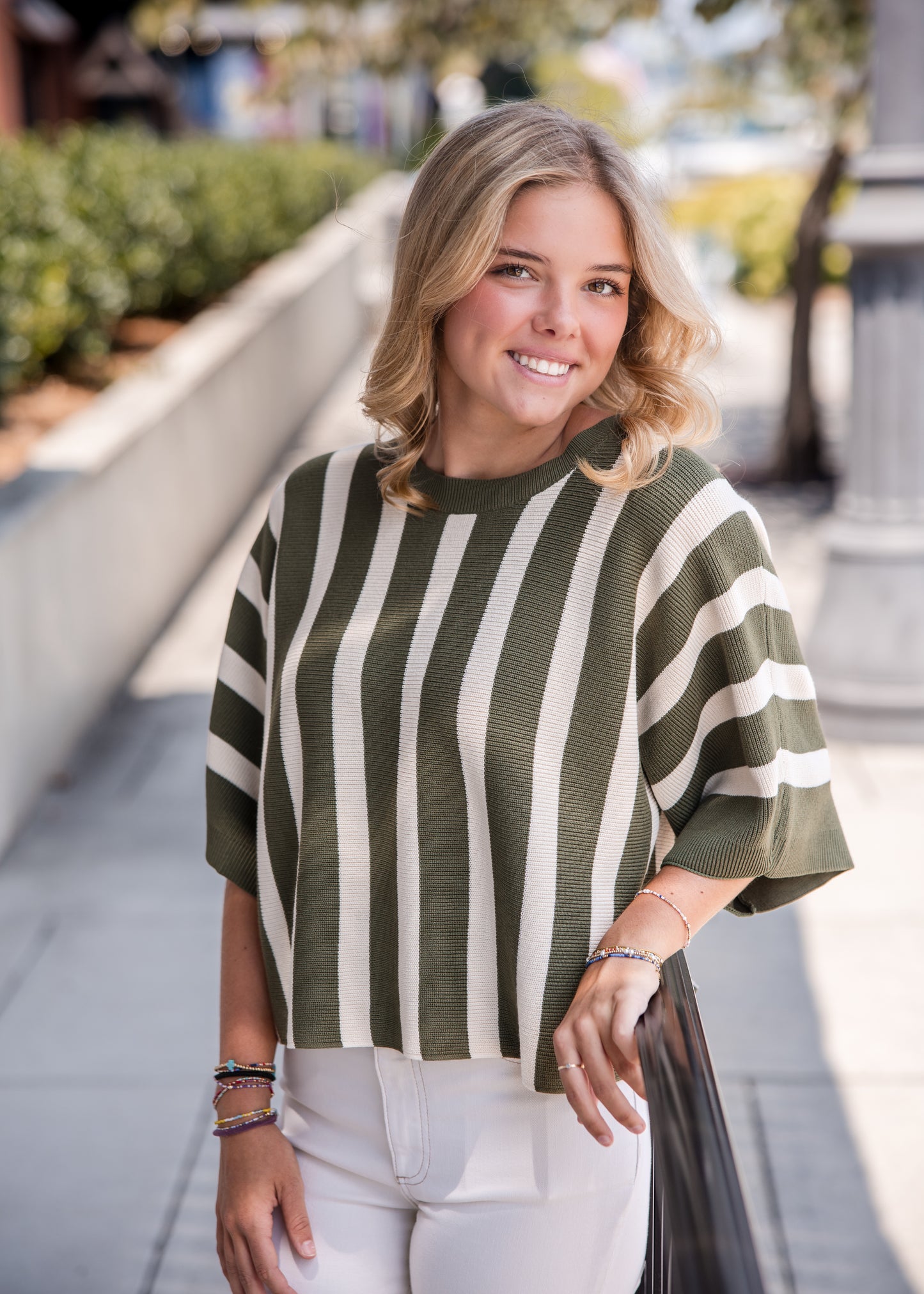 Striped Dolman Short Sleeve Top - Olive