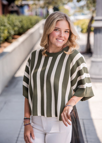 Striped Dolman Short Sleeve Top - Olive