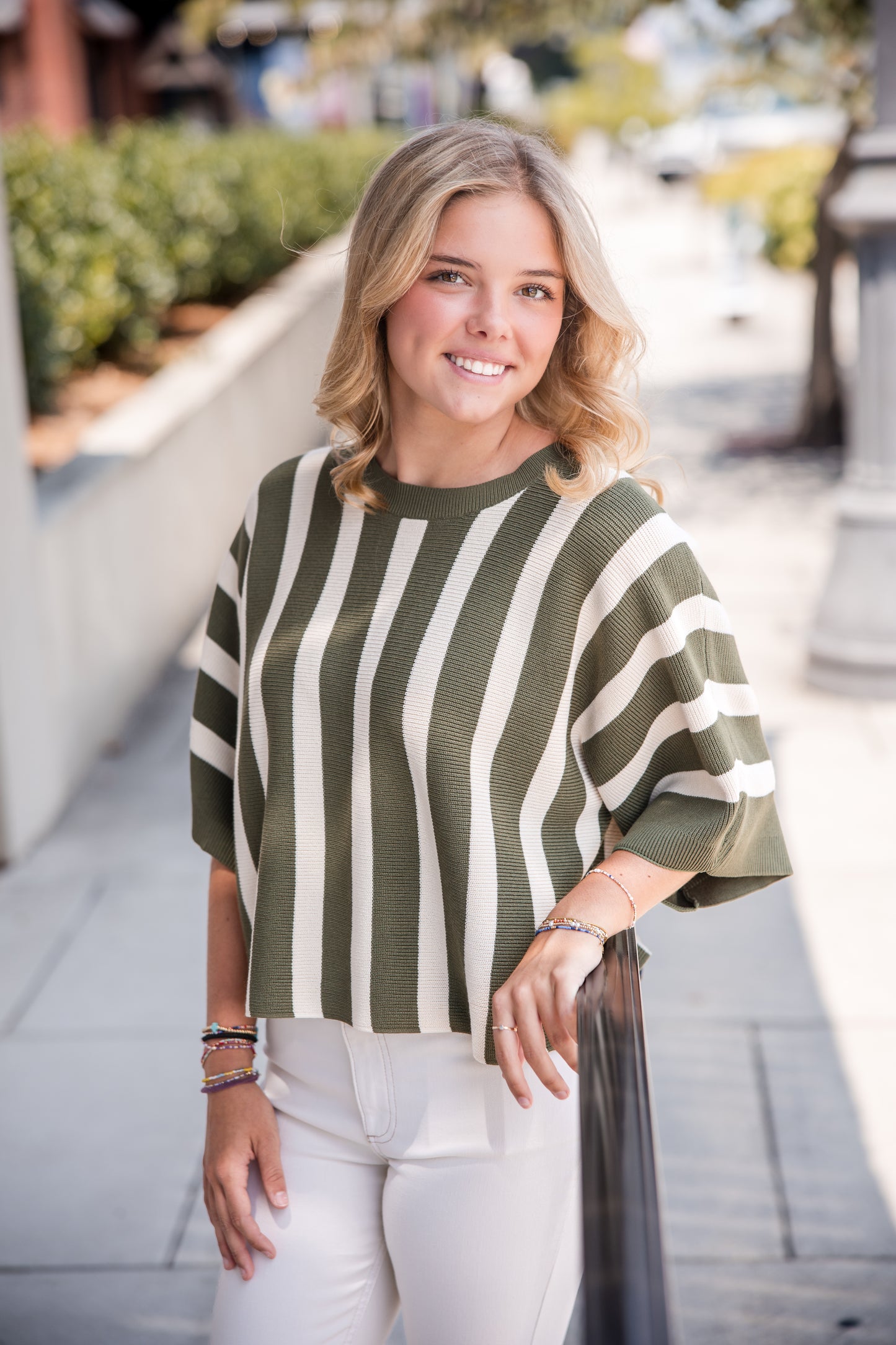 Striped Dolman Short Sleeve Top - Olive