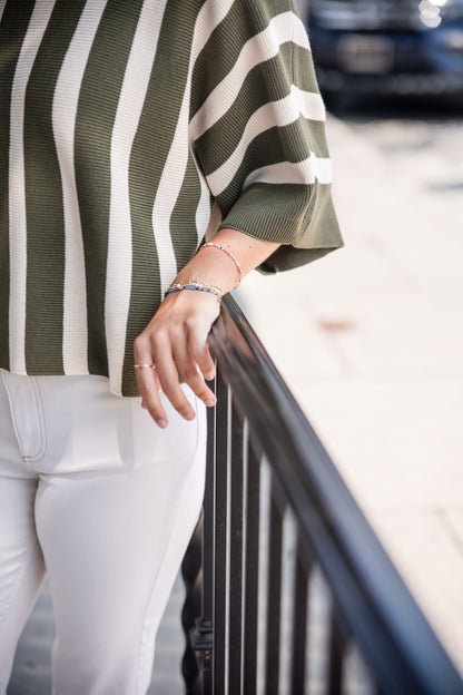 Striped Dolman Short Sleeve Top - Olive