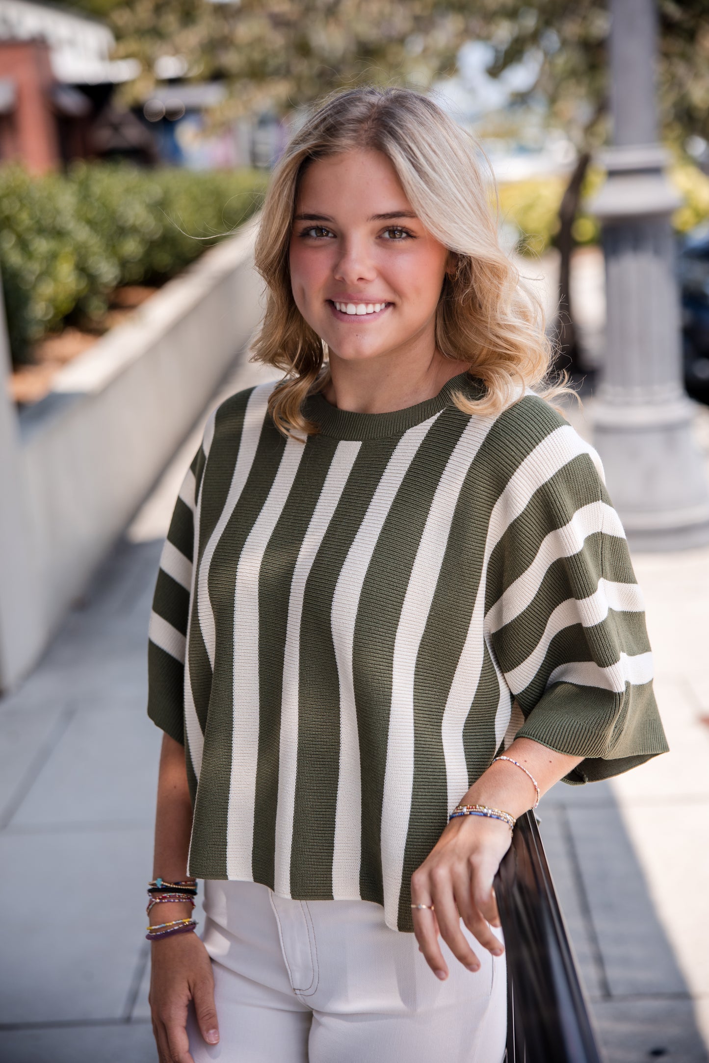 Striped Dolman Short Sleeve Top - Olive