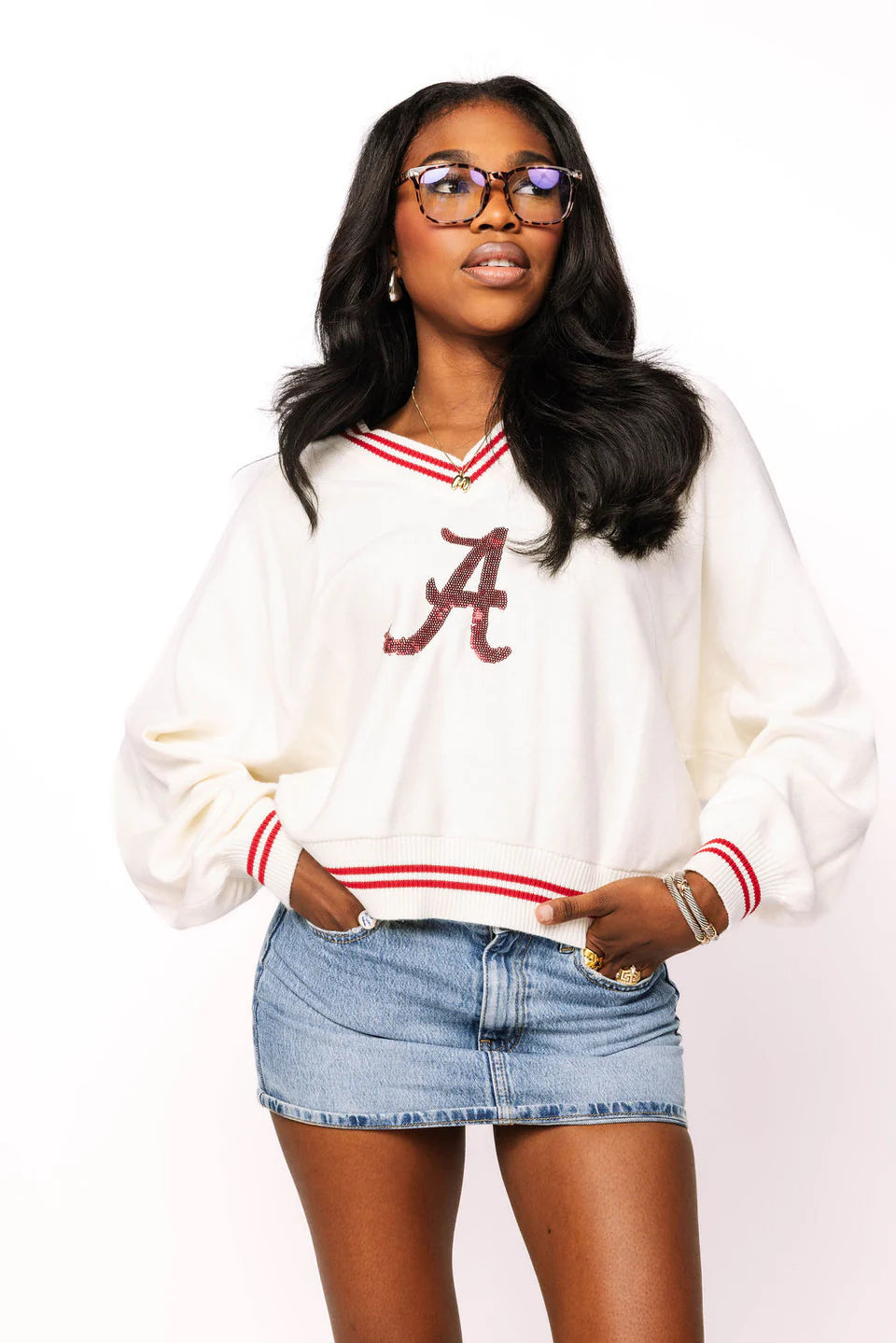 Queen of Sparkles Licensed Alabama V Neck Striped Cuff Long Sleeve Sweater With Small Mascot