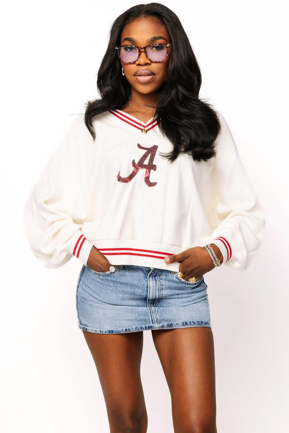 Queen of Sparkles Licensed Alabama V Neck Striped Cuff Long Sleeve Sweater With Small Mascot