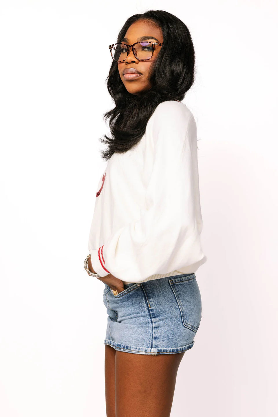Queen of Sparkles Licensed Alabama V Neck Striped Cuff Long Sleeve Sweater With Small Mascot