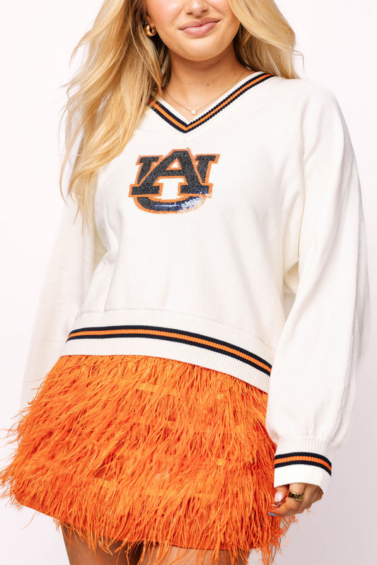 Queen of Sparkles Licensed Auburn V Neck Striped Cuff Long Sleeve Sweater With Small Mascot