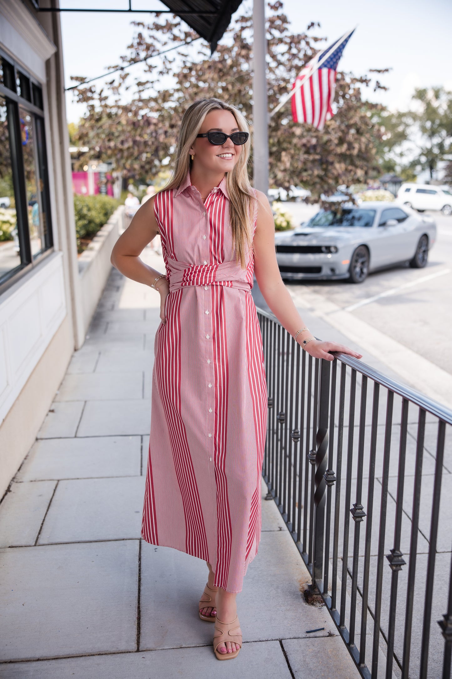 Striped Tie Front Shirt Dress - Red