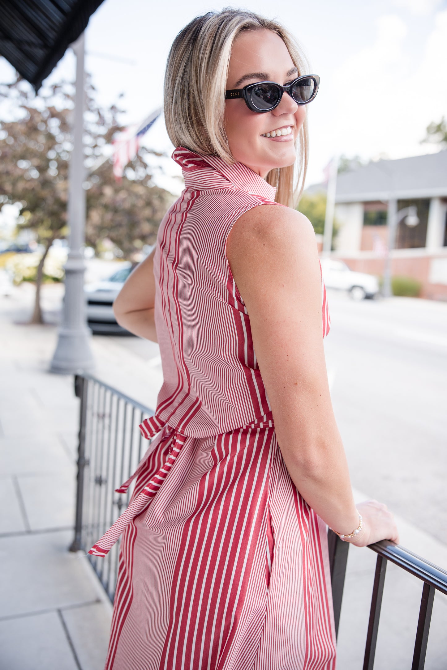 Striped Tie Front Shirt Dress - Red