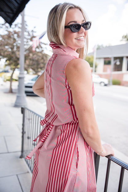 Striped Tie Front Shirt Dress - Red