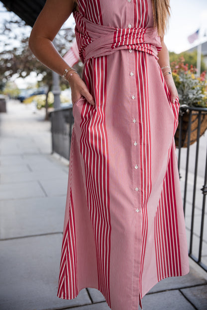 Striped Tie Front Shirt Dress - Red