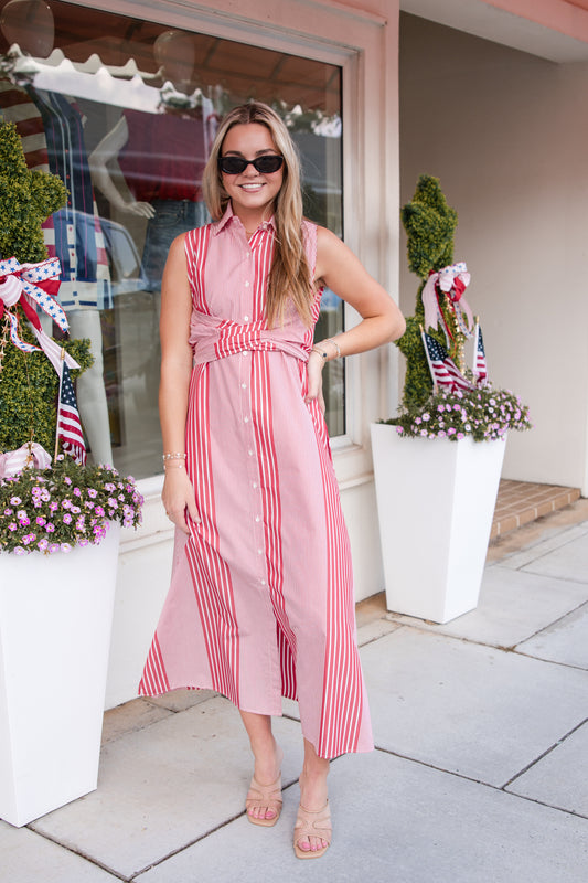 Striped Tie Front Shirt Dress - Red