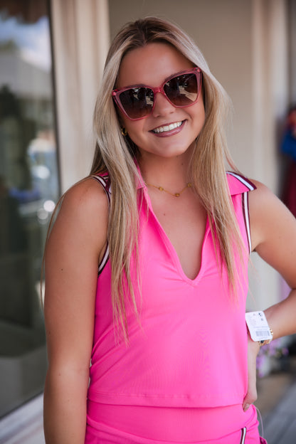 Free People Forehand Polo Top - Hot Pink