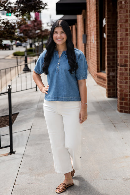 Ronny Short Puff Sleeve Top - Uptown Blue