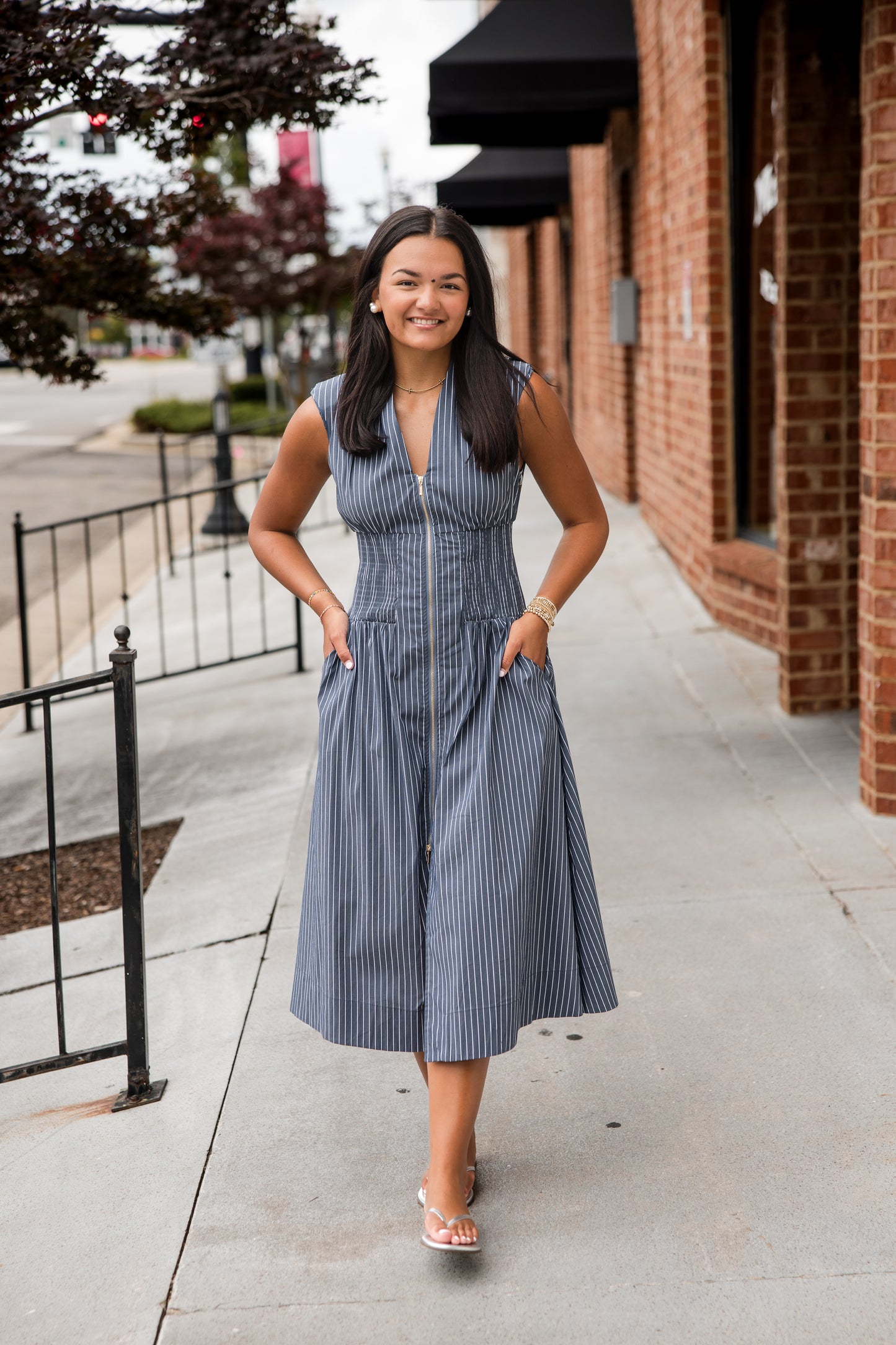 Skye Zip Front Dress - Indigo Stripe