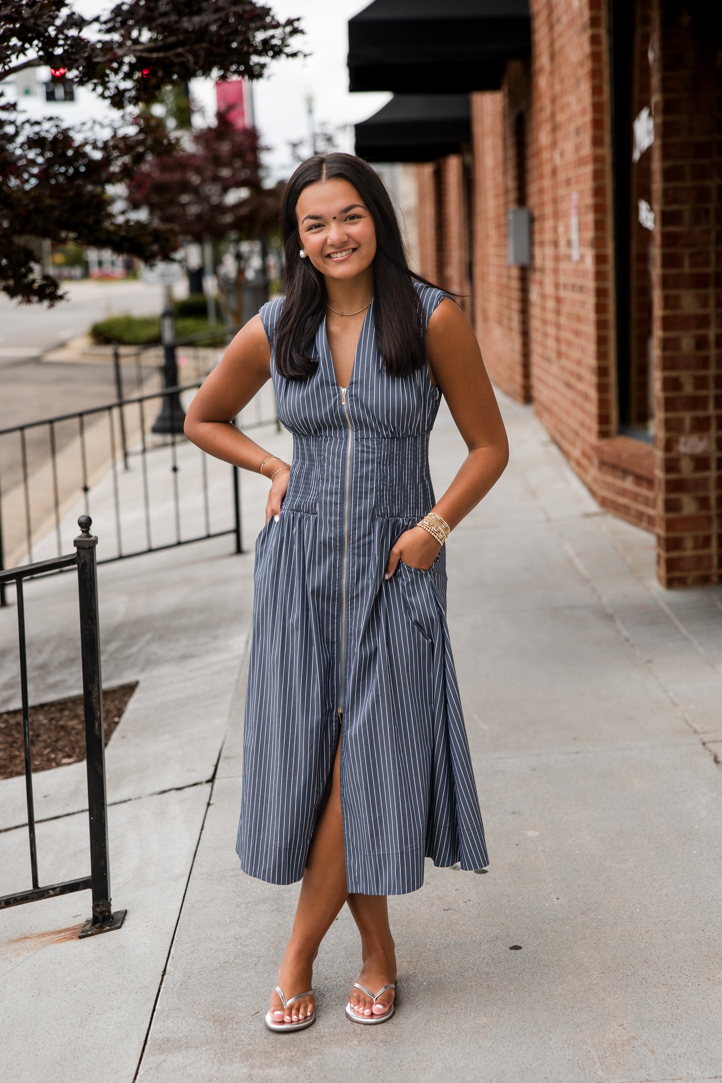 Skye Zip Front Dress - Indigo Stripe