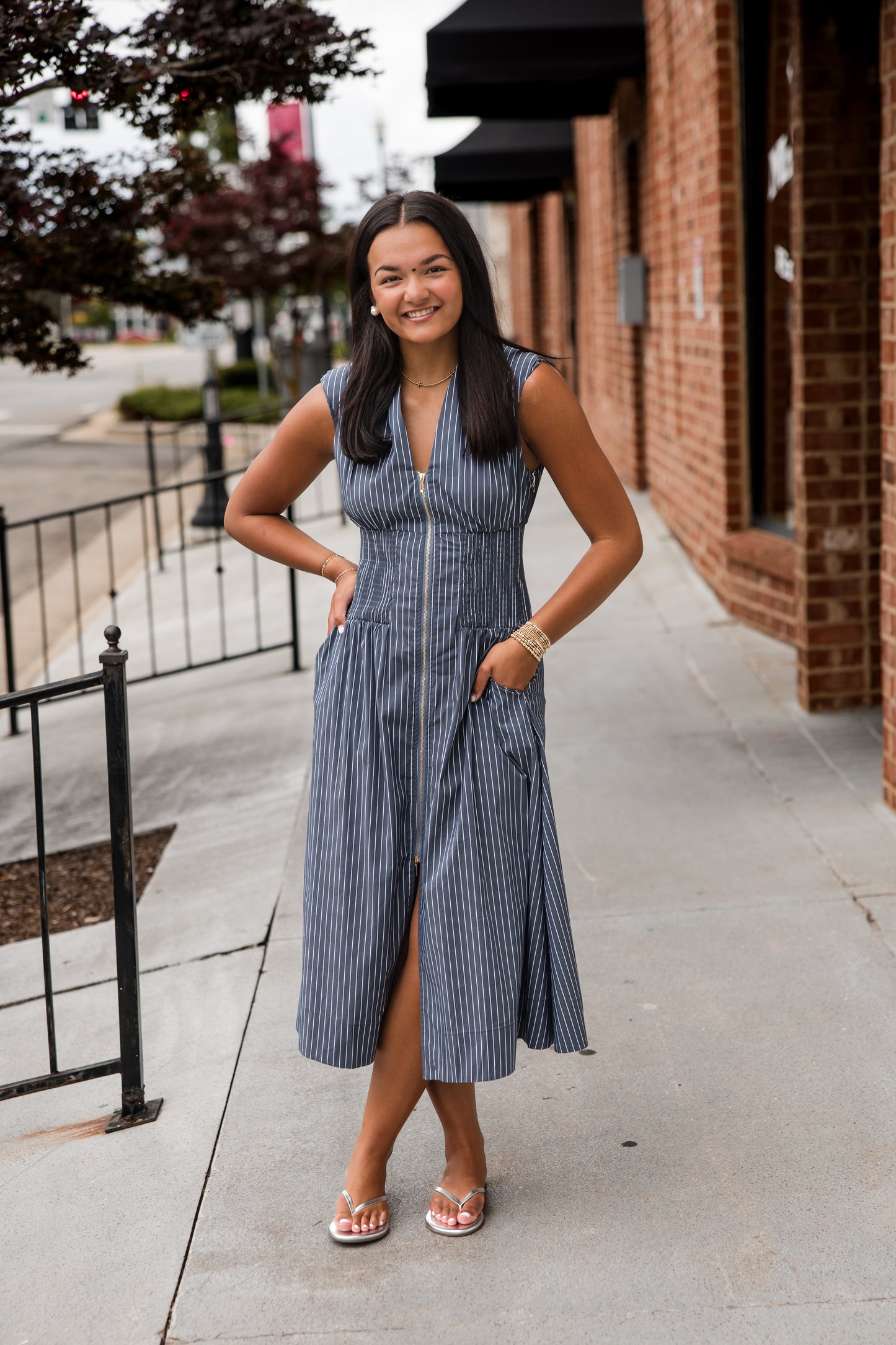 Skye Zip Front Dress - Indigo Stripe