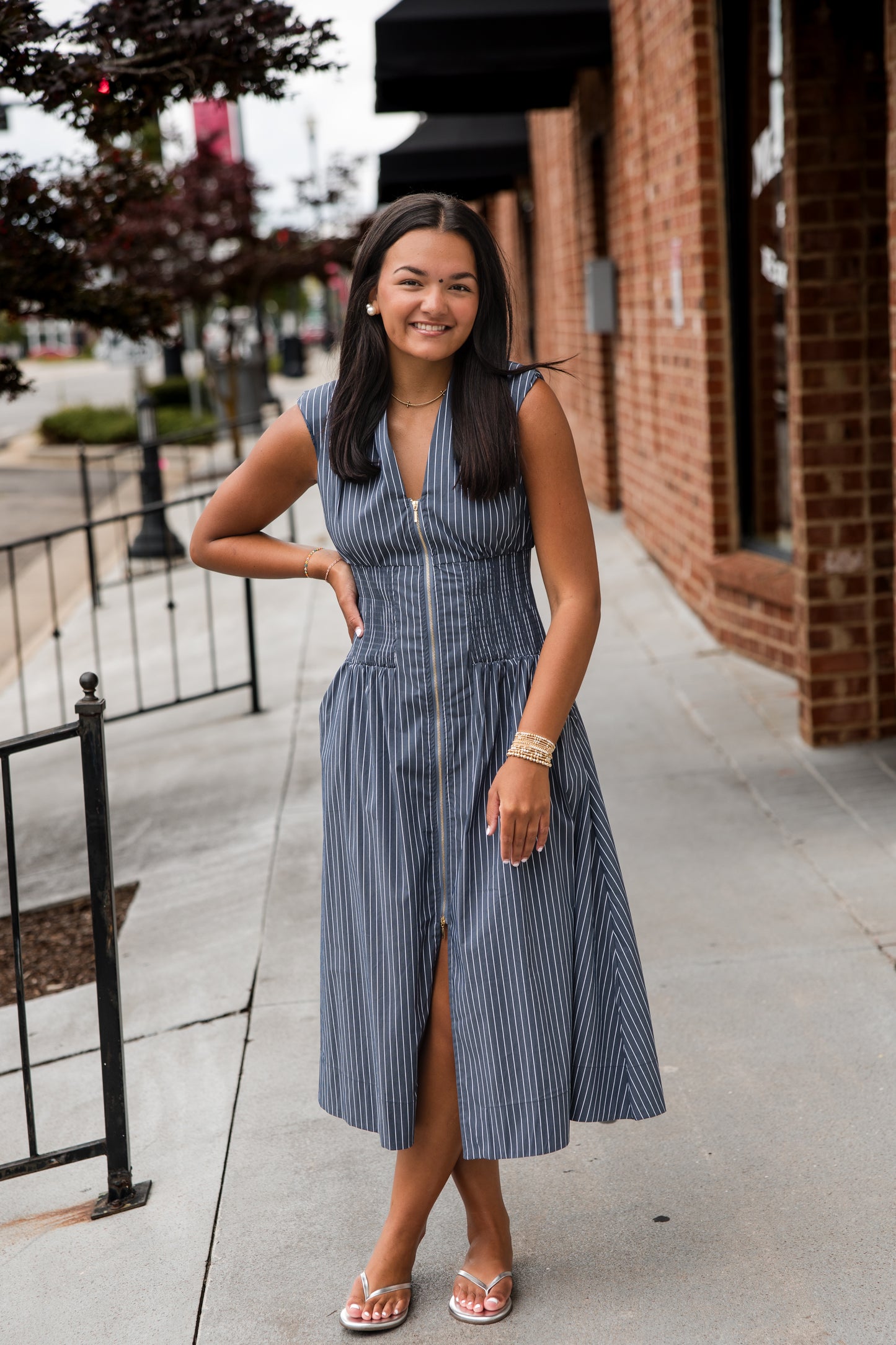 Skye Zip Front Dress - Indigo Stripe