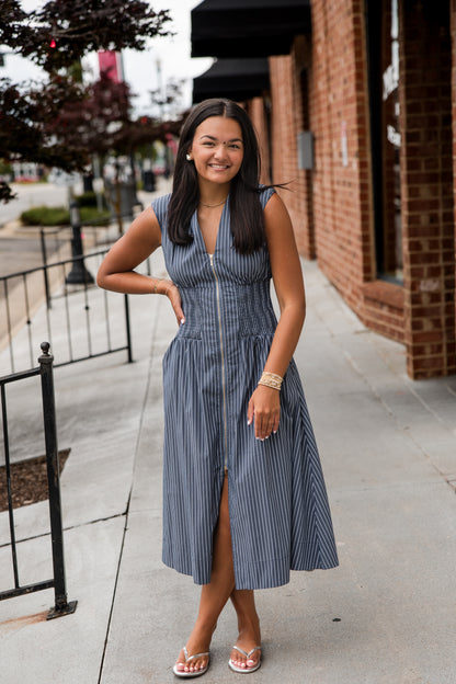 Skye Zip Front Dress - Indigo Stripe