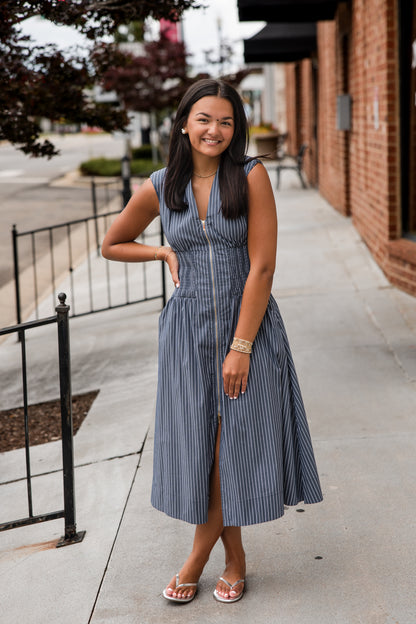 Skye Zip Front Dress - Indigo Stripe