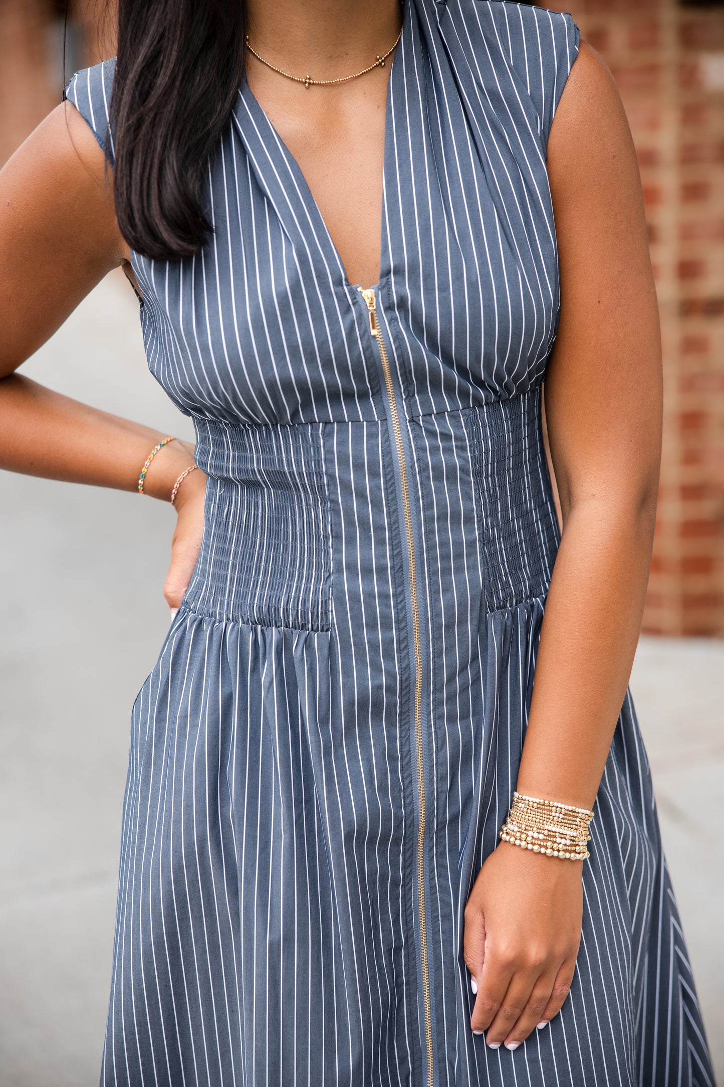 Skye Zip Front Dress - Indigo Stripe