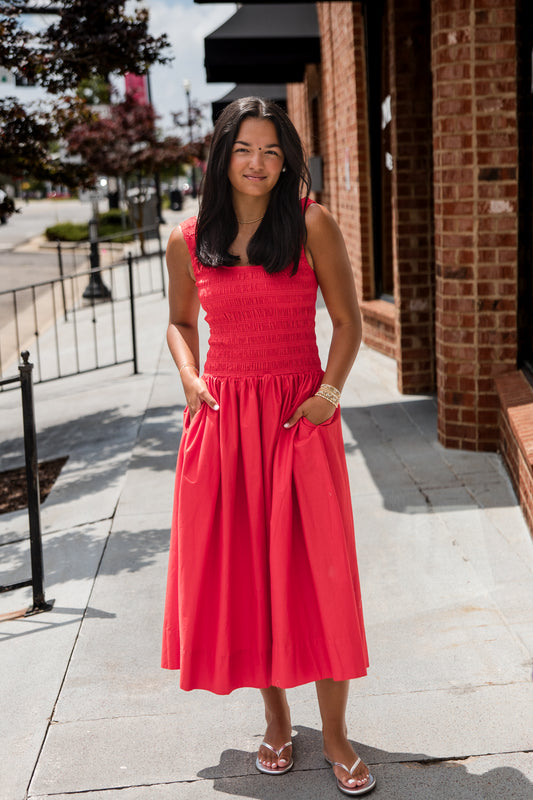Alessia Smocked Drop Waist Dress - Maraschino