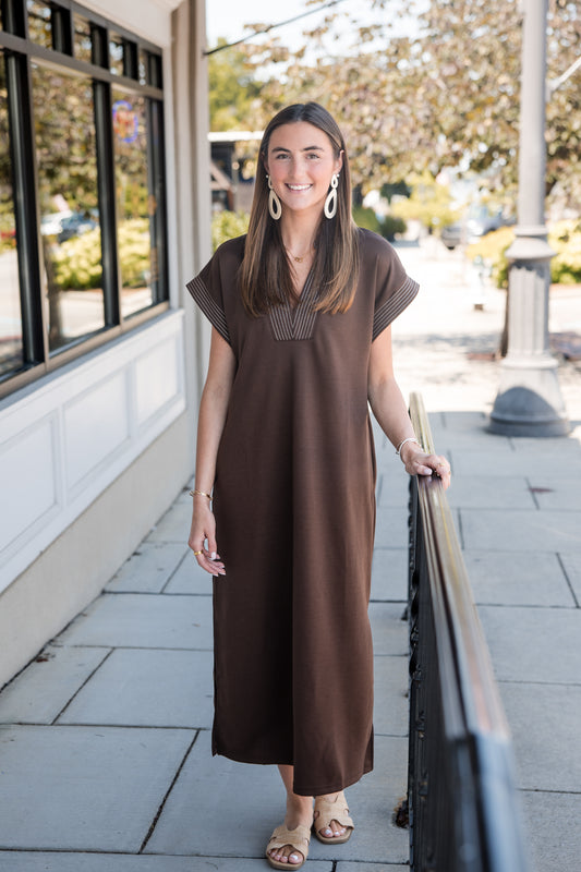 Contrast Stitch Collared Midi Dress - Brown
