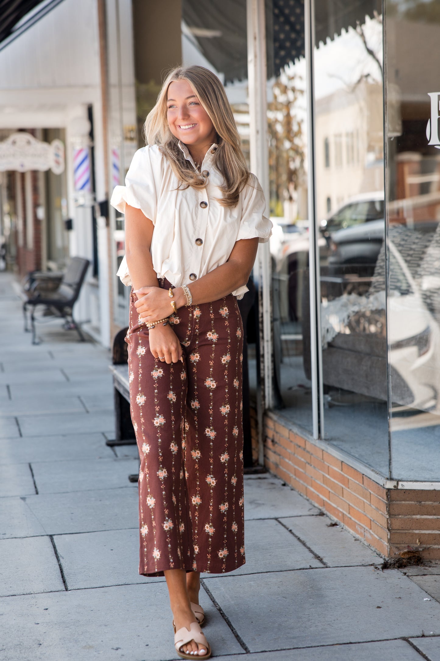 Floral Motif Wide Leg Pants - Brown