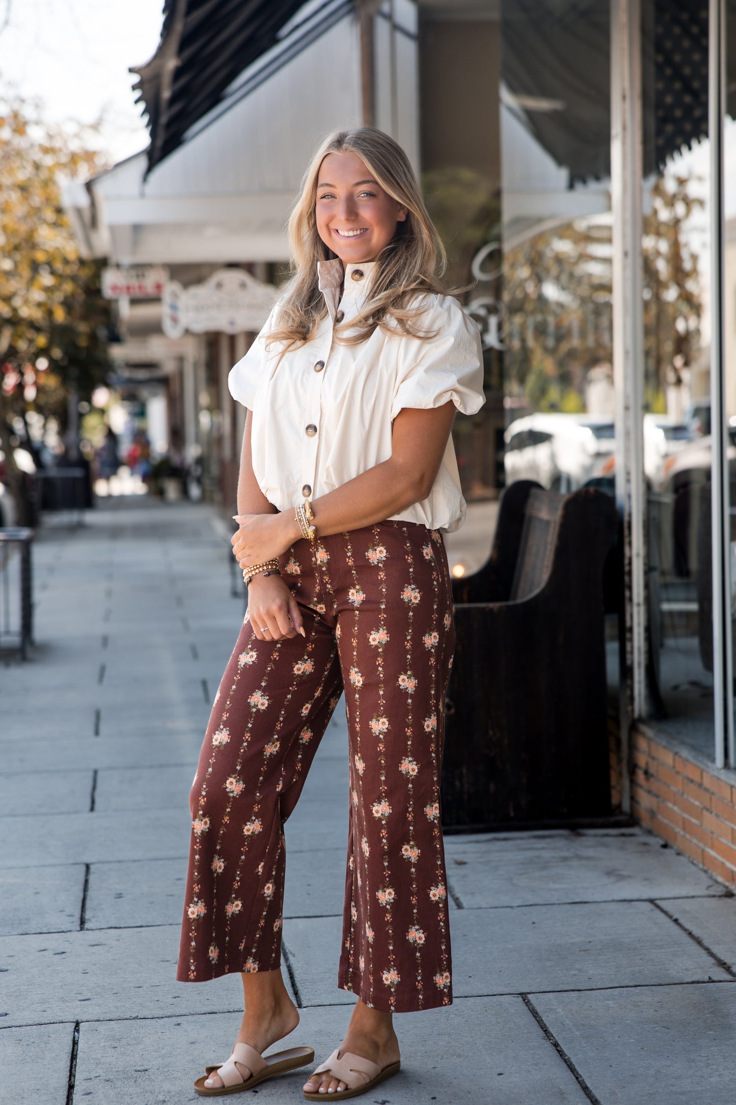 Floral Motif Wide Leg Pants - Brown
