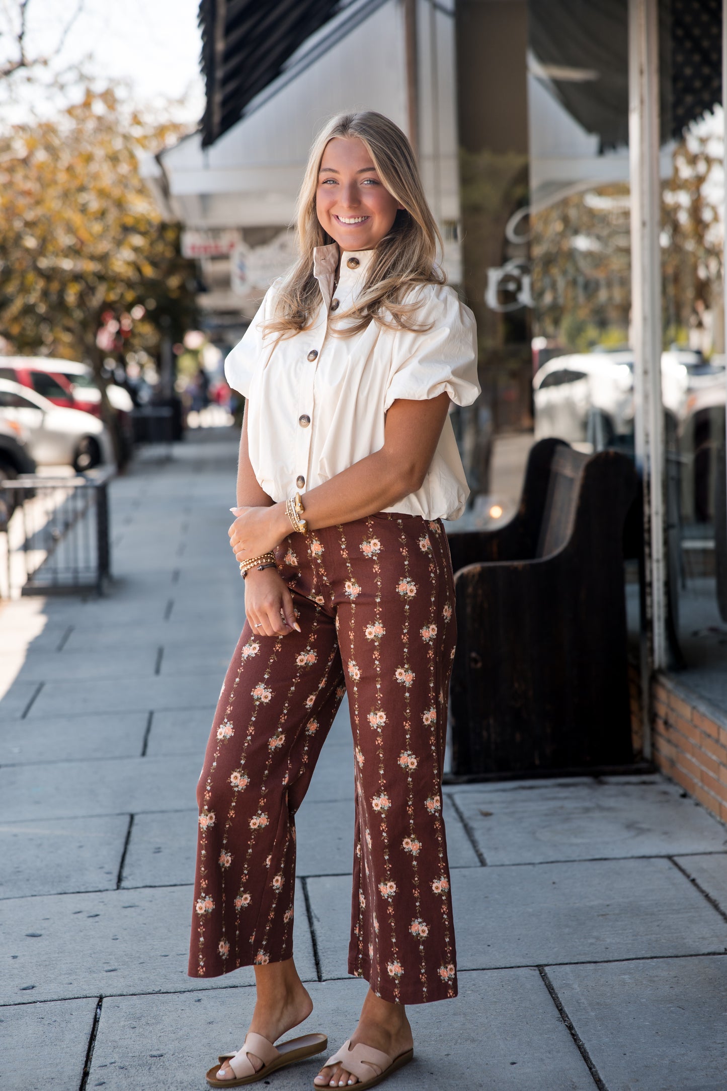 Floral Motif Wide Leg Pants - Brown