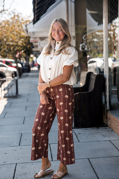 Floral Motif Wide Leg Pants - Brown