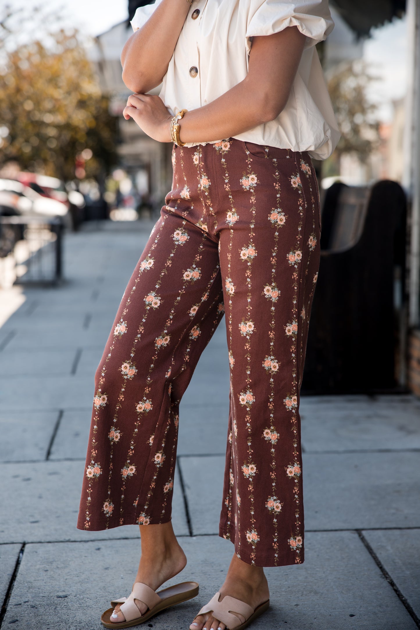 Floral Motif Wide Leg Pants - Brown
