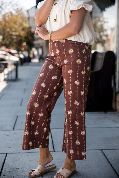 Floral Motif Wide Leg Pants - Brown