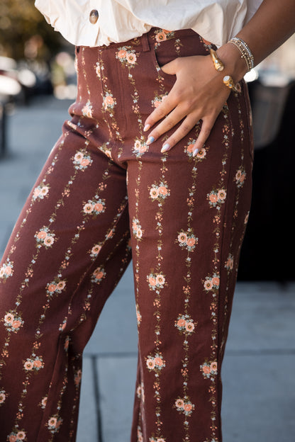 Floral Motif Wide Leg Pants - Brown